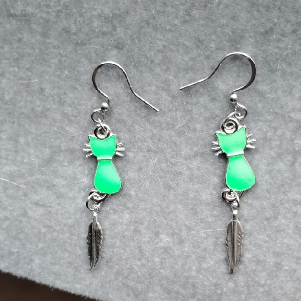 Hand Crafted Green EnamelCat Earrings with Silver Feather Accents